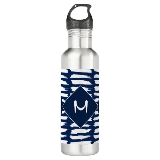 Modern blauw wit patroon Stijlvol monogram Waterfles (Voorkant)