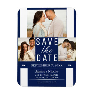 Modern Blauw & Wit Save-the-Date 3 Foto Huwelijk Magneet