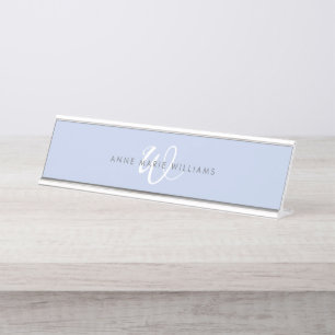 Modern Blauw Wit Schript Monogram Bureau Naambordje
