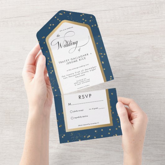 Modern blauw & wit sterrengoud geen diner all in one uitnodiging (Afscheurbaar)
