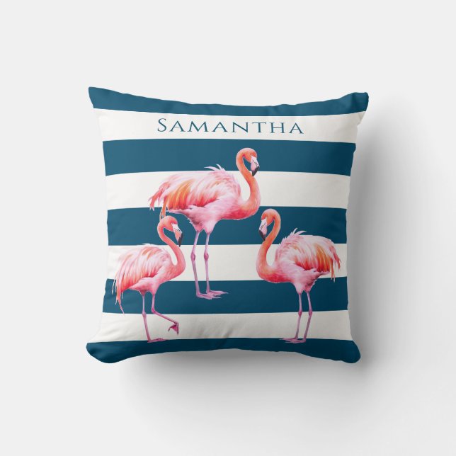Modern Blauw Wit Streep Roze Flamingo Aangepaste N Kussen (Voorkant)