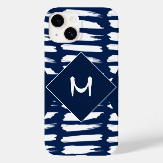 Modern blauw, wit stripe monogram, aangepast Case-Mate iPhone case (Achterkant)