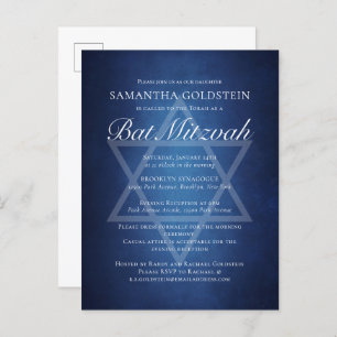 Modern Blauw Wit Typografie Formele Bat Mitzvah Uitnodiging Briefkaart
