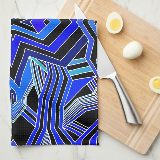 Modern blauw zwart & wit geometrisch theedoek (Quarter Fold)