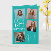 Modern Blauwgroen 4 Fotocollage 18e verjaardag Kaart (Gele Bloem)