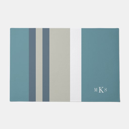 Modern Blauwgroen blauw en Tan Striped Personalize Deurmat (Voorkant)