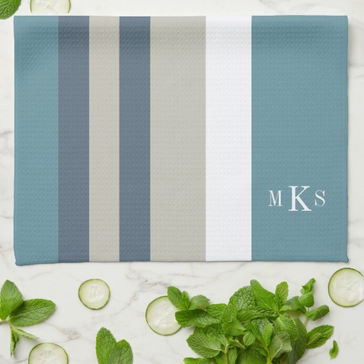 Modern Blauwgroen blauw en Tan Striped Personalize Theedoek (Gevouwen)