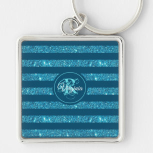 Modern Blauwgroen blauw glitter Striped Monogram Sleutelhanger