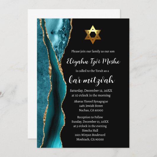 Modern Blauwgroen Blauw Zwart en Gouden Bar Mitzva Kaart (Voorkant / Achterkant)
