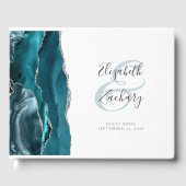 Modern Blauwgroen Blue Agate Silver Script Gastenboek (Voorkant)