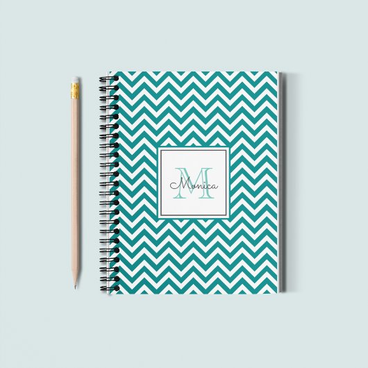 Modern Blauwgroen Chevron Pattern Monogram Notitie Notitieboek