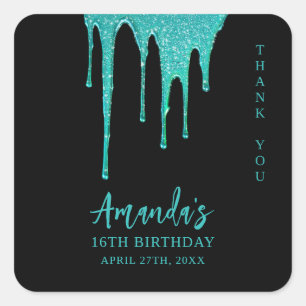 Modern Blauwgroen Glitter Drips Sweet 16 Verjaarda Vierkante Sticker