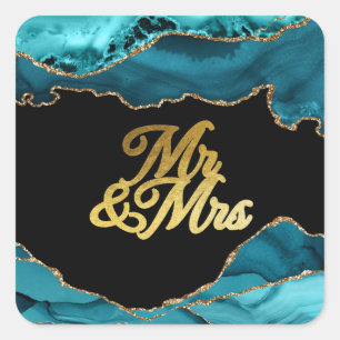Modern Blauwgroen Gold Agate Mr. & Mrs Wedding Vierkante Sticker