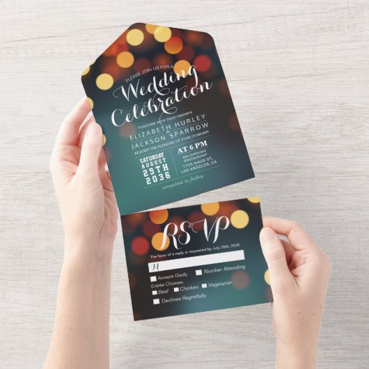 Modern Blauwgroen Gold Bokeh String Lights Wedding All In One Uitnodiging (Afscheurbaar)
