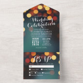 Modern Blauwgroen Gold Bokeh String Lights Wedding All In One Uitnodiging (Binnen)