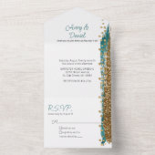 Modern Blauwgroen Goud Sparkle Kalligrafie Bruilof All In One Uitnodiging (Binnen)