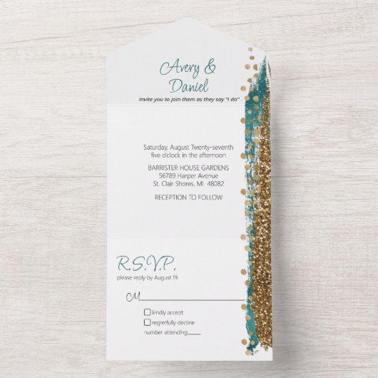 Modern Blauwgroen Goud Sparkle Kalligrafie Bruilof All In One Uitnodiging (Binnen)