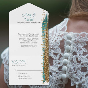 Modern Blauwgroen Goud Sparkle Kalligrafie Bruilof All In One Uitnodiging