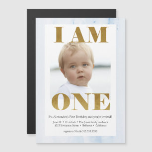 Modern Bleek Blauw + Gold Foto 1st Birthday Magnetische Uitnodiging