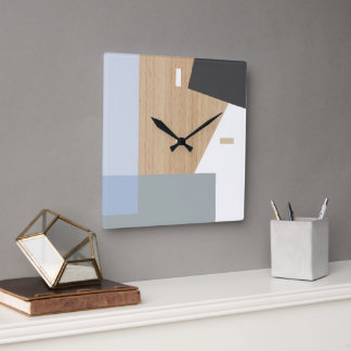 Modern Block Stripes Pattern Art over Faux Woodgra Vierkante Klok