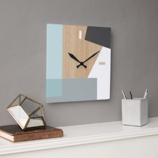Modern Block Stripes Pattern Art over Faux Woodgra Vierkante Klok