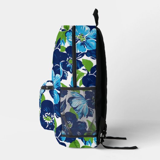 Modern Bloemblauw en Groen Monogram Bedrukte Rugzak (Rechts)