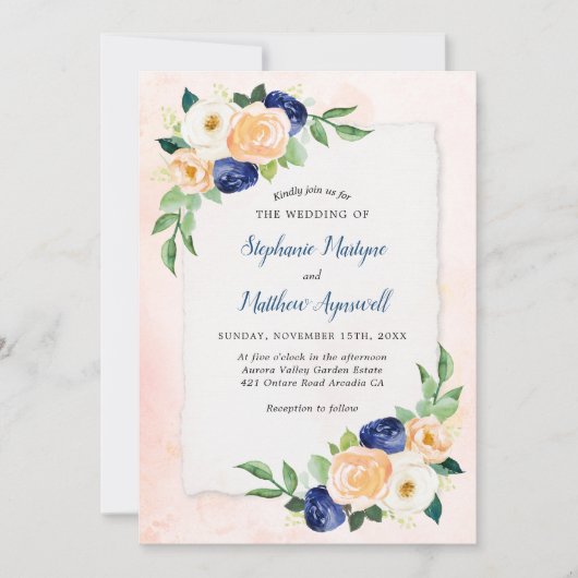 Modern Bloemblauw Koraal Waterverf bruiloft Kaart (Voorkant)