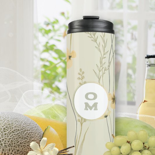 Modern bloemmonogram lichtgeel groen thermosbeker