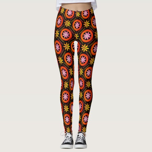 Modern bloemontwerp op zwarte achtergrond leggings (Voorkant)