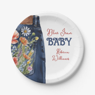 Modern Bloemrood Blauw Denim Blauw Jean Baby showe Papieren Bordje