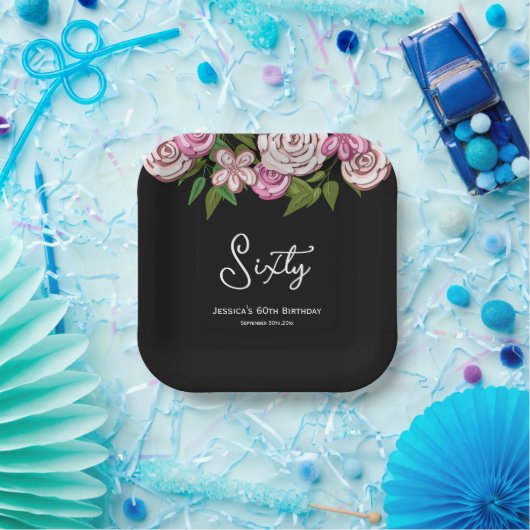 Modern bloemschrift 60e verjaardag papieren bordje (Feest)