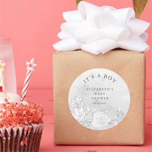 modern bloesvochtig baby shower Het is een jongen Ronde Sticker (Feest)