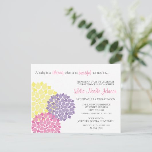 Modern Bloom Baby Baptism Christening Uitnodiging (Staand voorkant)