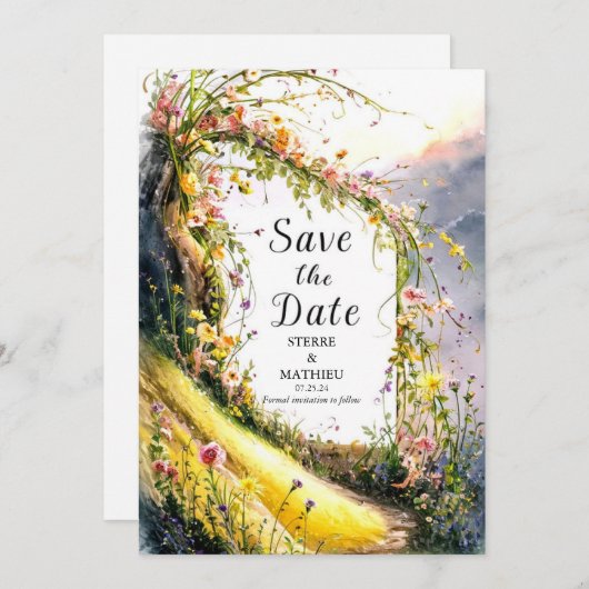 Modern Bloom Wildflower bruiloft Save The Date (Voorkant / Achterkant)