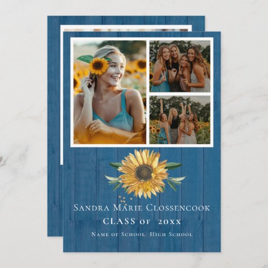 Modern Blue 4 Photo Collage Sunflower afstuderen Aankondiging (Voorkant / Achterkant)