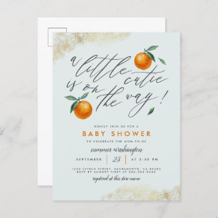 Modern Blue A Little Cutie Oranje Baby shower Uitnodiging Briefkaart