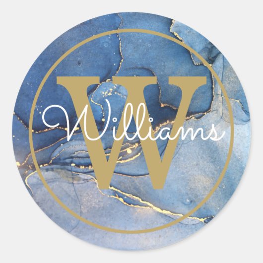 Modern Blue Agate Geode Gold Monogram script Ronde Sticker (Voorkant)