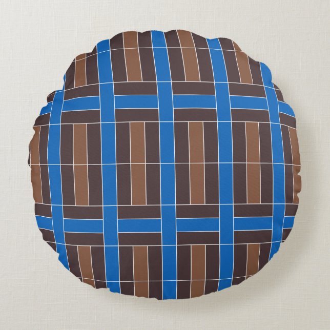 Modern Blue and Brown Geometric Plaid Pattern | Rond Kussen (Voorkant)