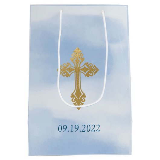Modern Blue And Gold Boy Baptism Thank You Medium Cadeauzakje (Achterkant)