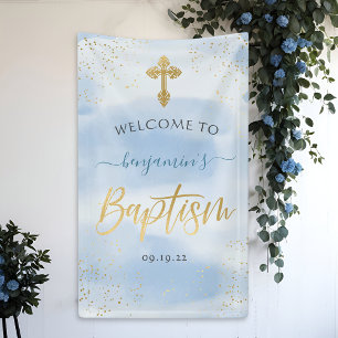Modern Blue and Gold Boy Baptism Welkom Spandoek