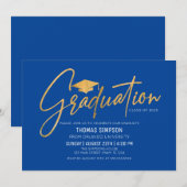 Modern blue and gold Graduation Invitation (Devant / Derrière)