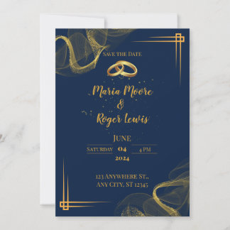 Modern Blue and Gold Wedding Invitation Kaart