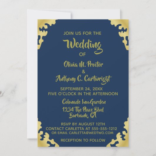 Modern Blue and Gold Wedding Invitation Kaart (Voorkant)