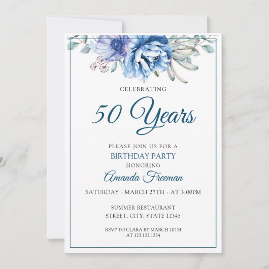 Modern Blue and White Floral Birthday Kaart (Voorkant)