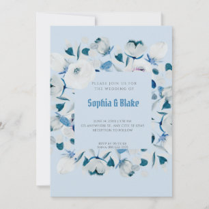 Modern Blue and White Floral Framed Blue Wedding Kaart