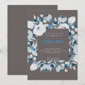 Modern Blue and White Floral Framed Gray Wedding Kaart (Voorkant / Achterkant)