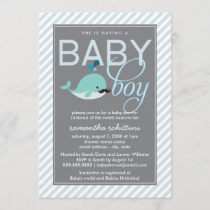 Modern Blue Baby shower Boy Little Whale Mustache Kaart