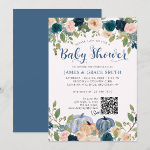 Modern Blue Blush Pink Floral Baby shower Kaart