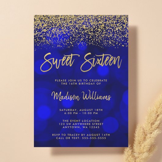 Modern Blue Bokeh Gold Glitter Sweet 16 Kaart