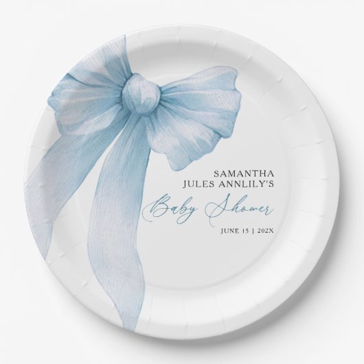 Modern Blue Bow Baby shower Papieren Bordje (Voorkant)